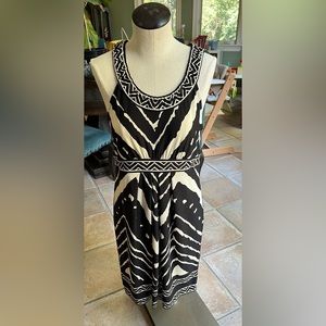 BCBG black and cream print, stretch fabric, flattering dress